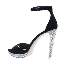 Pre Owned صندل ميو ميو جلد سويدي أسود كعب كريستال وحزام للكاحل مقاس 41