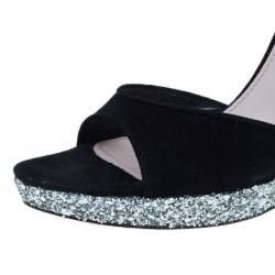 Miu Miu Black Suede Crystal Heel Ankle Strap Sandals Size 41