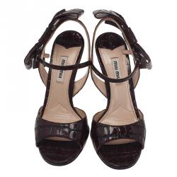 Pre Owned Miu Miu Burgundy Croc Embossed Coco Bow Detail Sandals Size 36