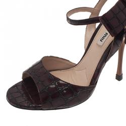 Pre Owned Miu Miu Burgundy Croc Embossed Coco Bow Detail Sandals Size 36