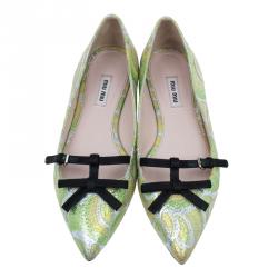 Pre Owned Miu Miu Green Lurex Giada Pointed Toe Ballet Flats Size 38