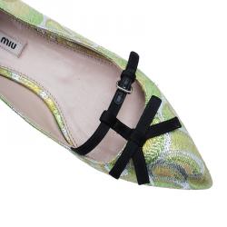 Pre Owned Miu Miu Green Lurex Giada Pointed Toe Ballet Flats Size 38