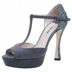 Pre Owned Miu Miu Grey Suede and Glitter T Strap Mary Jane Pumps Size 37