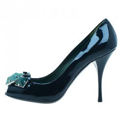 مملوكة مسبقًا حذاء كعب عالي ميو ميو هاوليت ستون مرصع بفتحة أصبع جلد لامع أسود مقاس 36.5