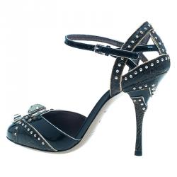 مملوكة مسبقًا Miu Miu Black Patent Studded Ankle Strap Sandals Size 36.5