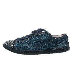 Pre Owned Miu Miu Navy Blue Glitter Studded Lace Up Sneakers Size 35