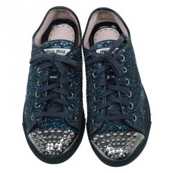 Pre Owned Miu Miu Navy Blue Glitter Studded Lace Up Sneakers Size 35