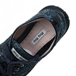 Pre Owned Miu Miu Navy Blue Glitter Studded Lace Up Sneakers Size 35