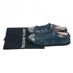 Pre Owned Miu Miu Navy Blue Glitter Studded Lace Up Sneakers Size 35