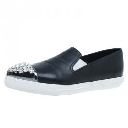 Pre Owned Miu Miu Black Embellished Leather Pointed Toe Slip On Sneakers Size 38.5