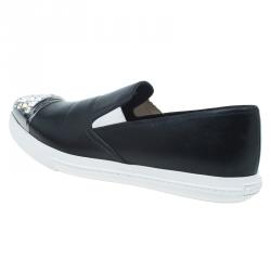 مملوكة مسبقًا Miu Miu Black Embellished Leather Pointed Toe Slip On Sneakers Size 38.5