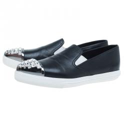 مملوكة مسبقًا Miu Miu Black Embellished Leather Pointed Toe Slip On Sneakers Size 38.5
