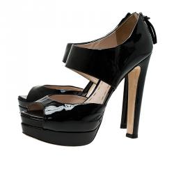 Miu Miu Black Patent Peep Toe Back Zip Platform Pumps Size 39