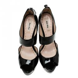Miu Miu Black Patent Peep Toe Back Zip Platform Pumps Size 39