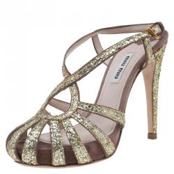 Pre Owned Miu Miu Gold Glitter and Brown Suede Cut Out Platform Sandals Size 35