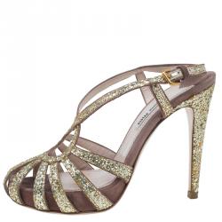 Pre Owned Miu Miu Gold Glitter and Brown Suede Cut Out Platform Sandals Size 35