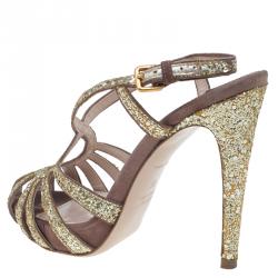 Pre Owned Miu Miu Gold Glitter and Brown Suede Cut Out Platform Sandals Size 35