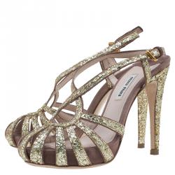 Pre Owned Miu Miu Gold Glitter and Brown Suede Cut Out Platform Sandals Size 35