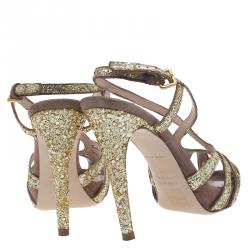 Pre Owned Miu Miu Gold Glitter and Brown Suede Cut Out Platform Sandals Size 35