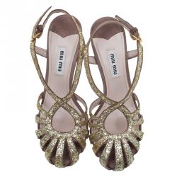 Pre Owned Miu Miu Gold Glitter and Brown Suede Cut Out Platform Sandals Size 35