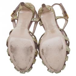 Pre Owned Miu Miu Gold Glitter and Brown Suede Cut Out Platform Sandals Size 35