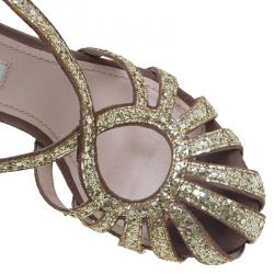 Pre Owned Miu Miu Gold Glitter and Brown Suede Cut Out Platform Sandals Size 35