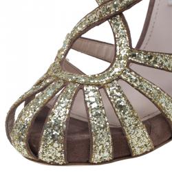 Pre Owned Miu Miu Gold Glitter and Brown Suede Cut Out Platform Sandals Size 35