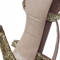 Pre Owned Miu Miu Gold Glitter and Brown Suede Cut Out Platform Sandals Size 35