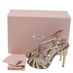 Pre Owned Miu Miu Gold Glitter and Brown Suede Cut Out Platform Sandals Size 35