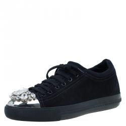 Pre Owned Miu Miu Black Suede Crystal Cap Toe Suede Sneakers Size 39