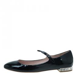 مملوكة مسبقًا Miu Miu Black Patent Jeweled Mary Jane Ballet Flats Size 39.5
