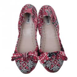 Miu Miu Red Floral Print Fabric Bow Ballet Flats Size 39