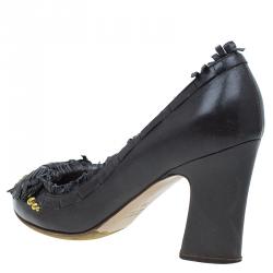 Pre Owned Miu Miu Dark Grey Leather Studded Fringe Bow Detail Pumps Size 38