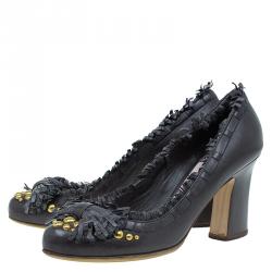 Pre Owned Miu Miu Dark Grey Leather Studded Fringe Bow Detail Pumps Size 38