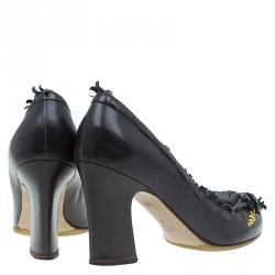 Pre Owned Miu Miu Dark Grey Leather Studded Fringe Bow Detail Pumps Size 38