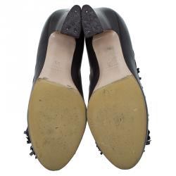 Pre Owned Miu Miu Dark Grey Leather Studded Fringe Bow Detail Pumps Size 38