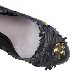 Pre Owned Miu Miu Dark Grey Leather Studded Fringe Bow Detail Pumps Size 38