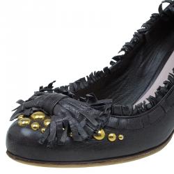 Pre Owned Miu Miu Dark Grey Leather Studded Fringe Bow Detail Pumps Size 38