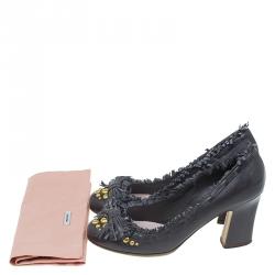 Pre Owned Miu Miu Dark Grey Leather Studded Fringe Bow Detail Pumps Size 38