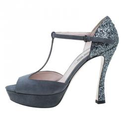 Miu Miu Grey Suede and Glitter T Strap Mary Jane Pumps Size 37