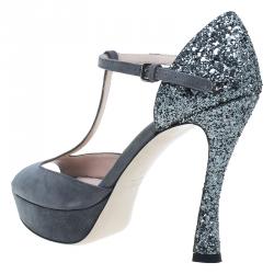 Miu Miu Grey Suede and Glitter T Strap Mary Jane Pumps Size 37