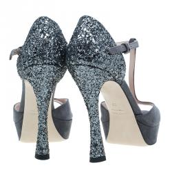 Miu Miu Grey Suede and Glitter T Strap Mary Jane Pumps Size 37