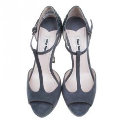 Miu Miu Grey Suede and Glitter T Strap Mary Jane Pumps Size 37