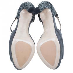 Miu Miu Grey Suede and Glitter T Strap Mary Jane Pumps Size 37