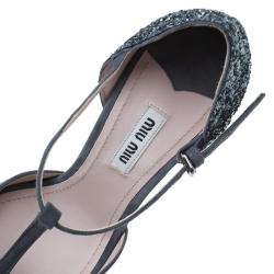 Miu Miu Grey Suede and Glitter T Strap Mary Jane Pumps Size 37
