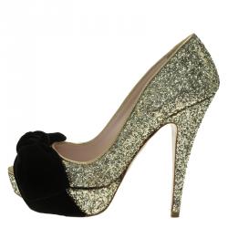 Pre Owned Miu Miu Gold Glitter Velvet Bow Peep Toe Platform Pumps Size 35