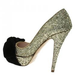 Pre Owned Miu Miu Gold Glitter Velvet Bow Peep Toe Platform Pumps Size 35