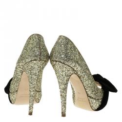 Pre Owned Miu Miu Gold Glitter Velvet Bow Peep Toe Platform Pumps Size 35