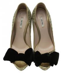 Pre Owned Miu Miu Gold Glitter Velvet Bow Peep Toe Platform Pumps Size 35