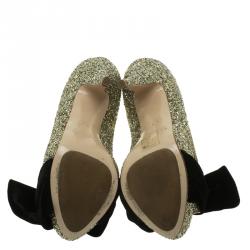 Pre Owned Miu Miu Gold Glitter Velvet Bow Peep Toe Platform Pumps Size 35